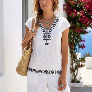 Soft Surroundings White Black Embroidered Textured Top